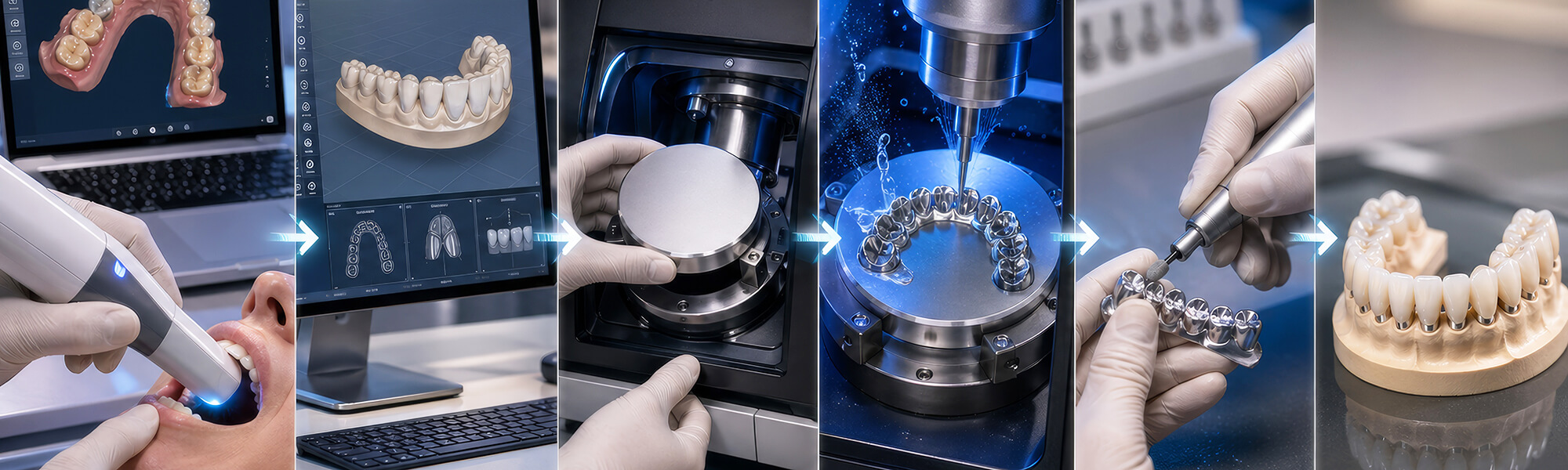 Dentalfräsmaschine fräst eine keramische Zahnrestauration mit Wasserkühlung