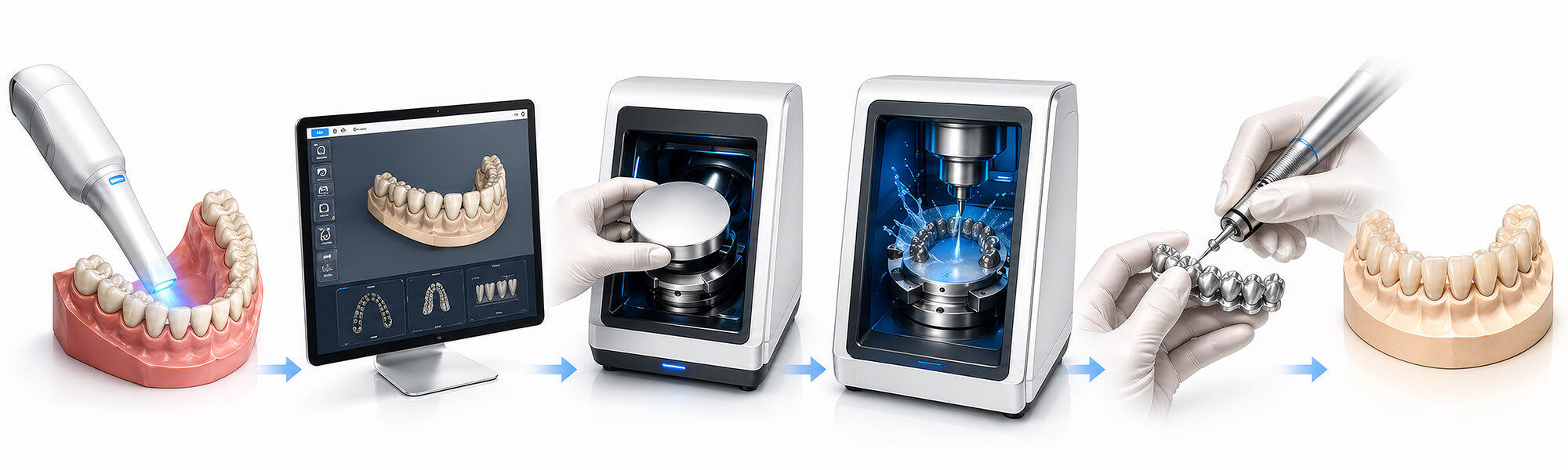 Automatisierte Dentalfräsmaschine mit Rohlingen und Fräsvorgang für Zahnersatz