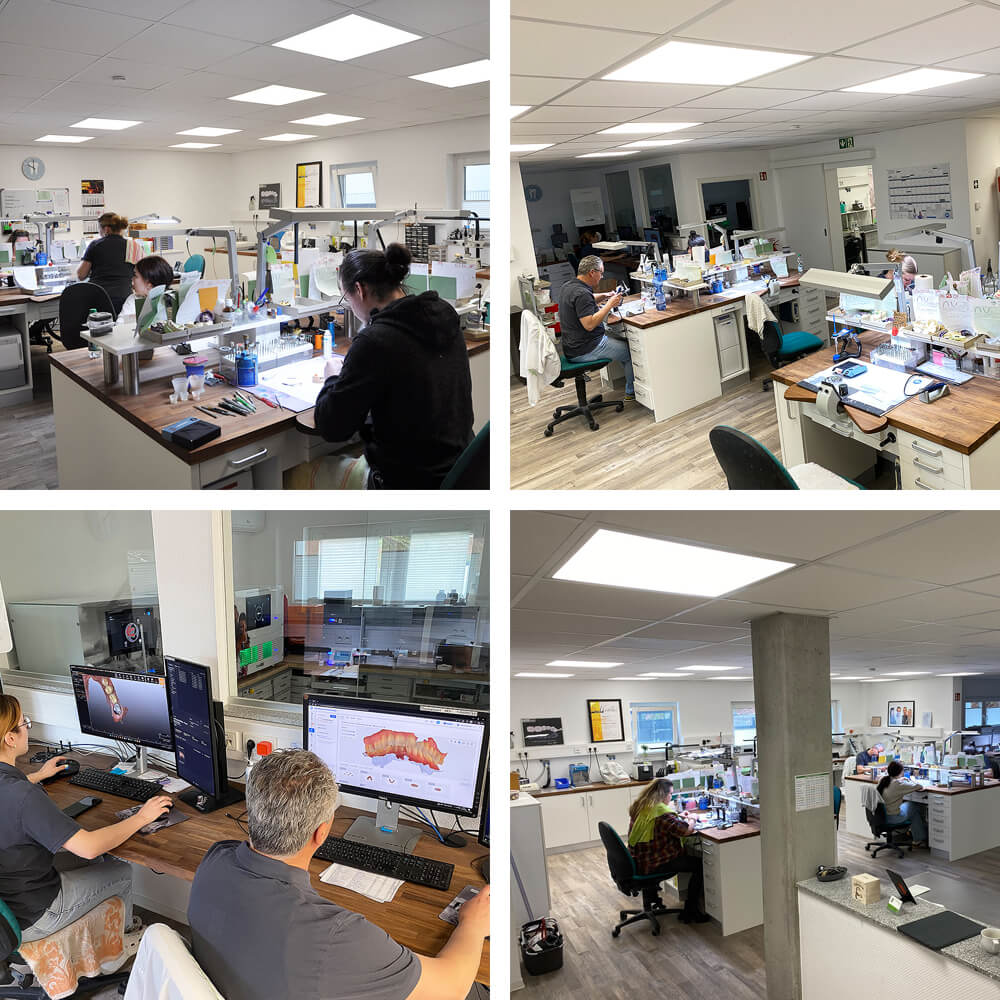 Bildcollage aus Dentallabor, digitaler Konstruktion, Fräsmaschine und keramischem Zahnersatz