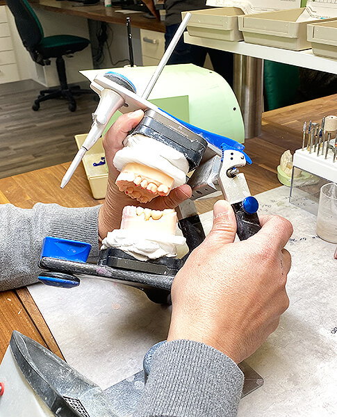 Zahntechniker hält einen Artikulator mit Zahnmodellen zur Kontrolle der Bisssituation im Dentallabor.